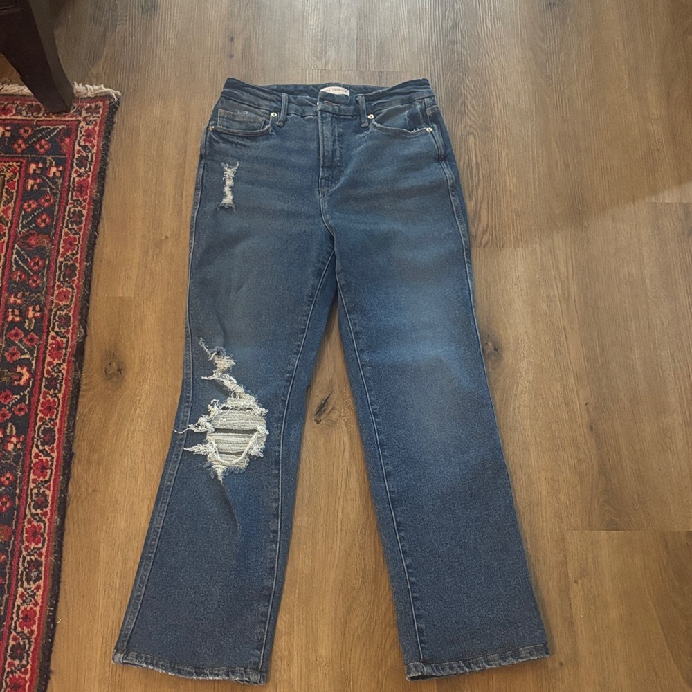 Good American Dark Blue Distressed Straight Leg Jeans